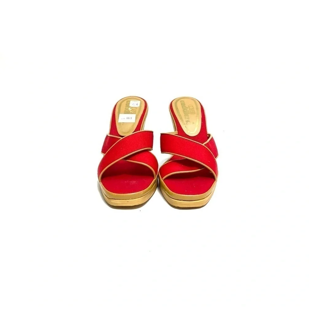 Vintage 1970s deadstock vegan red canvas wedge disco heels